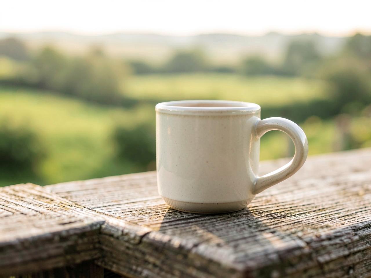 A mug of coffee on the decking rail looking out over open countryside