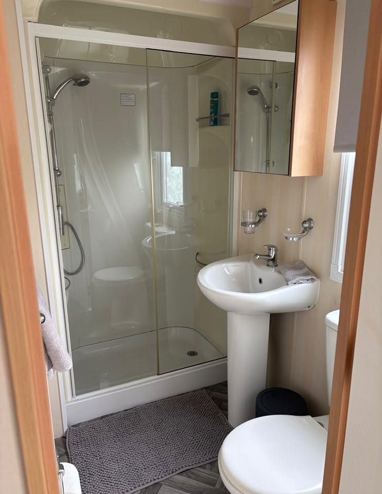 Bathroom with walk-in shower, basin and toilet