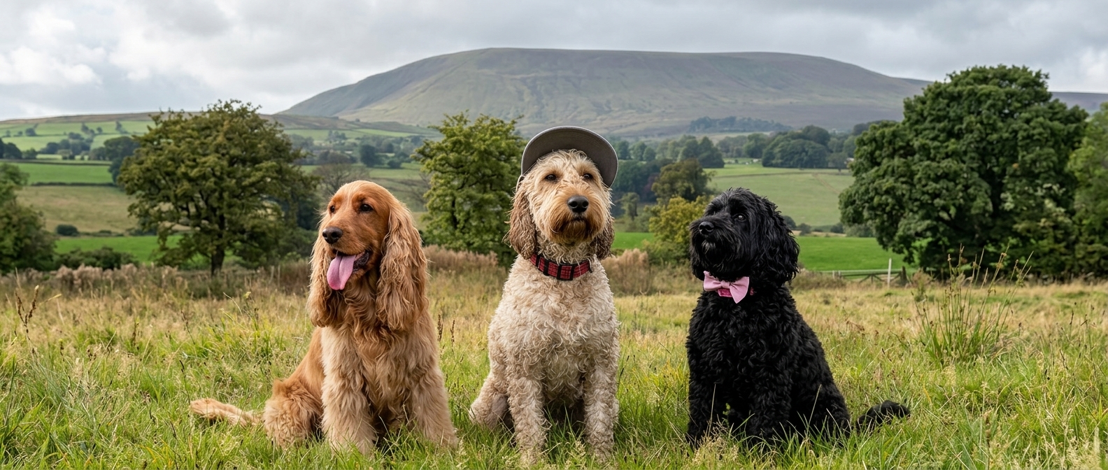 Winnie, Woody and Rory sitting together in a grassy field with rolling Ribble Valley countryside behind